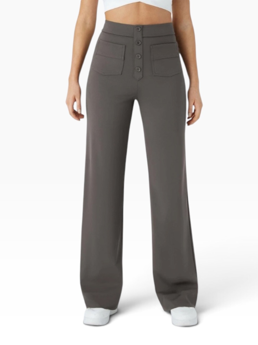 Halara Flex Work Pants Gray M High Waisted Button Pocket Straight Leg Stretch Ca